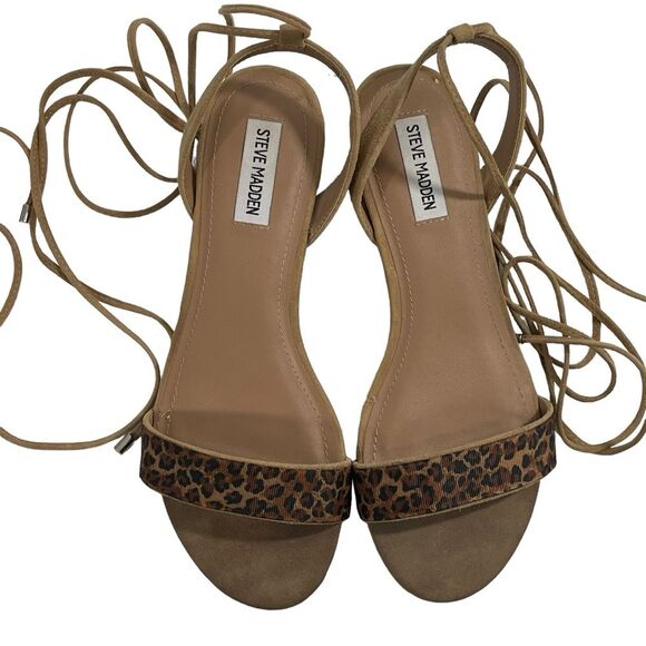 Steve Madden Carolynn Tan Animal Print Lace-Up Sandals Size 8 Lucite Heel Shoes - Picture 2 of 7